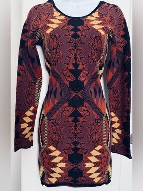 Huntress of the Moon Long Sleeve Boho Print Bodycon Dress in Rust and Black